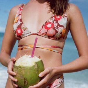 NEW ZARA‎ PRINTED BIKINI TOP V NECK STRAPS CRISSCROSS TIE SIZE L